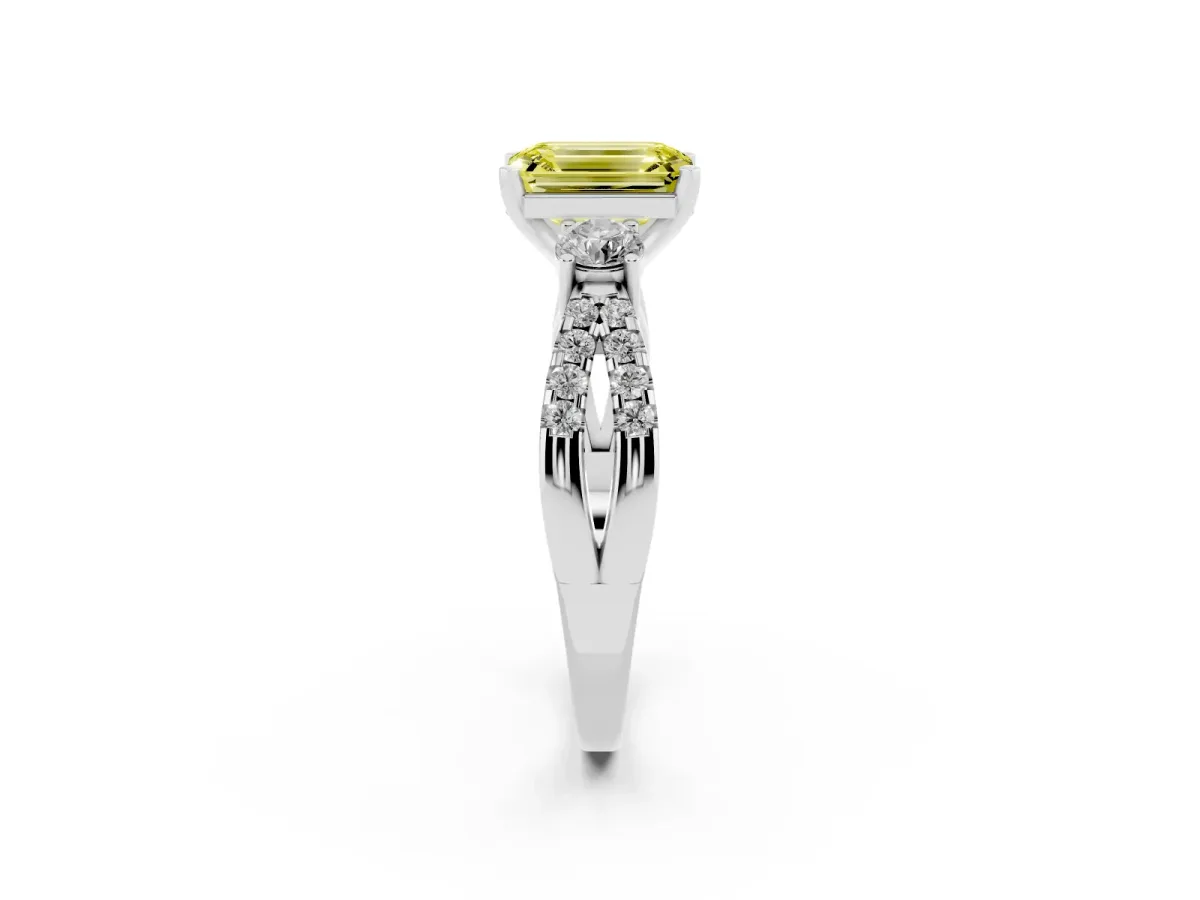 Fancy Yellow Emerald Cut Diamond Three-Stone Ring with Pavé Split Shank and Four-Prong Setting Silver