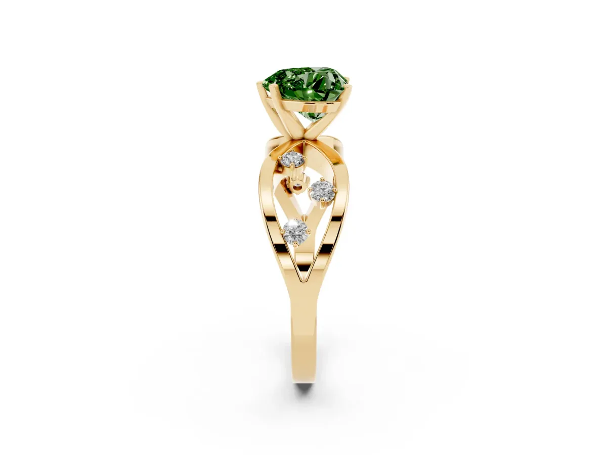 Fancy Green Heart Cut Cut Solitaire Diamond with Side Stones on Criss-Cross Band and Four-Prong Setting Yellow gold