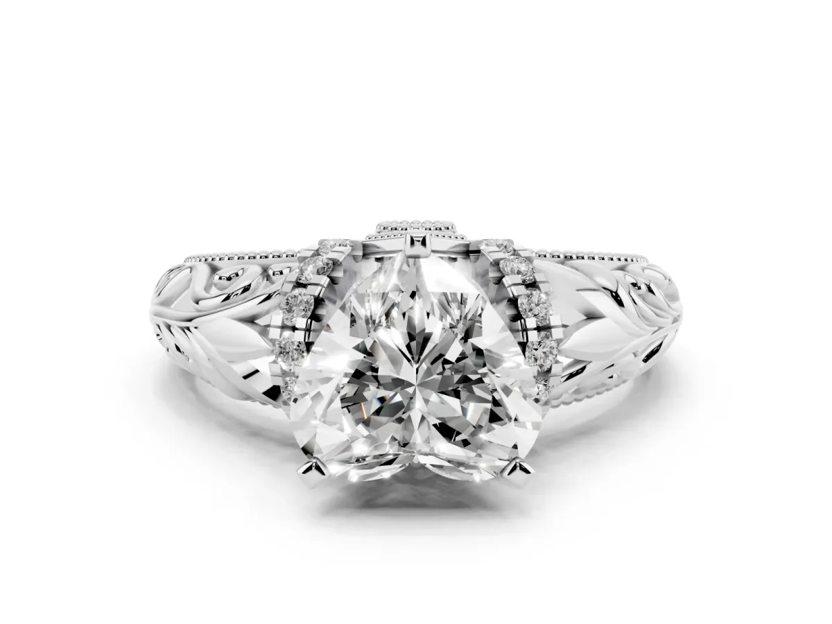 Heart Cut Solitaire Filigree Engagement Ring with Halo and Prong Setting Platinum