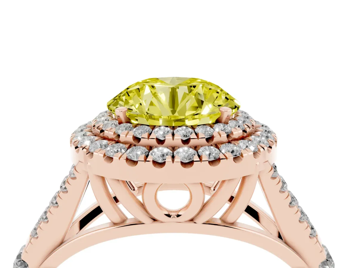 Fancy Yellow Round Cut Diamond Double Halo Ring with Split Shank and Prong Setting Rose gold
