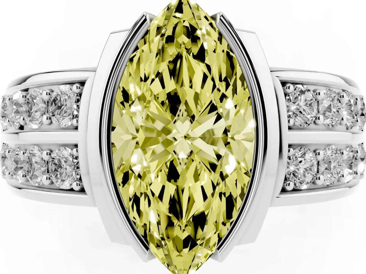 Fancy Yellow Marquise Cut Brilliant Diamond Channel Set Wide Band Ring with Bezel Setting White gold