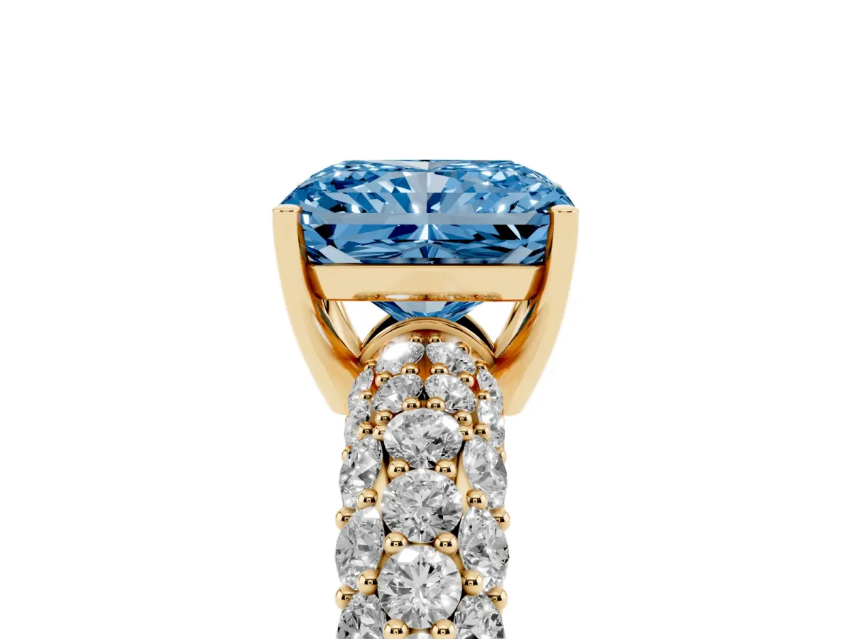 Fancy Blue Radiant Cut Diamond Pavé Band Solitaire Ring with Four-Prong Setting Yellow gold