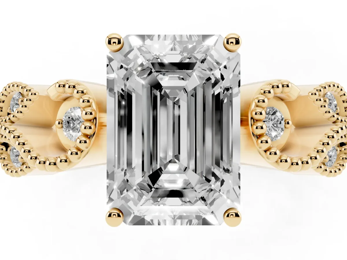 Emerald Cut Solitaire Milgrain Leaf Band with Prong Setting Yellow gold