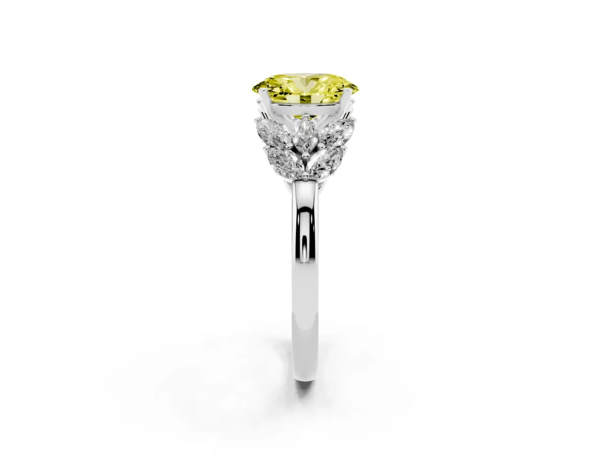 Fancy Yellow Oval Cut Diamond Cluster Leaf Design Ring with Prong Setting Platinum