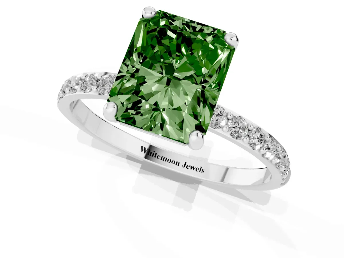 Fancy Green Radiant Cut Diamond Solitaire Ring with Round Pavé Band and Prong Setting Silver