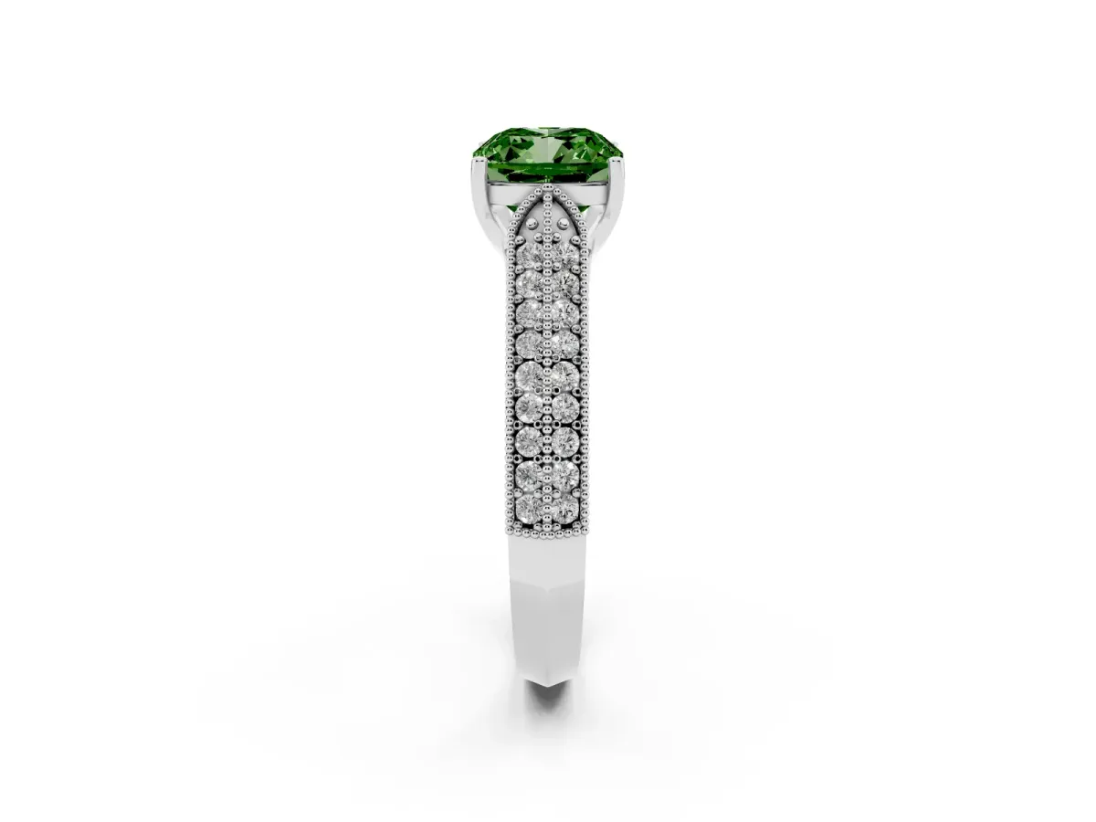 Fancy Green Cushion Cut Cut Pave Split Shank Engagement Ring with Four-Prong Setting Silver