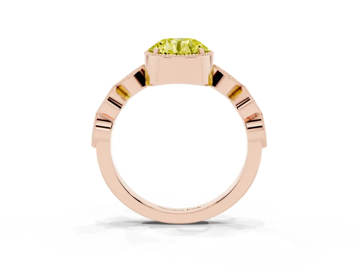 Fancy Yellow Round Cut Diamond Vintage Milgrain Ring with Round Stations Rose gold