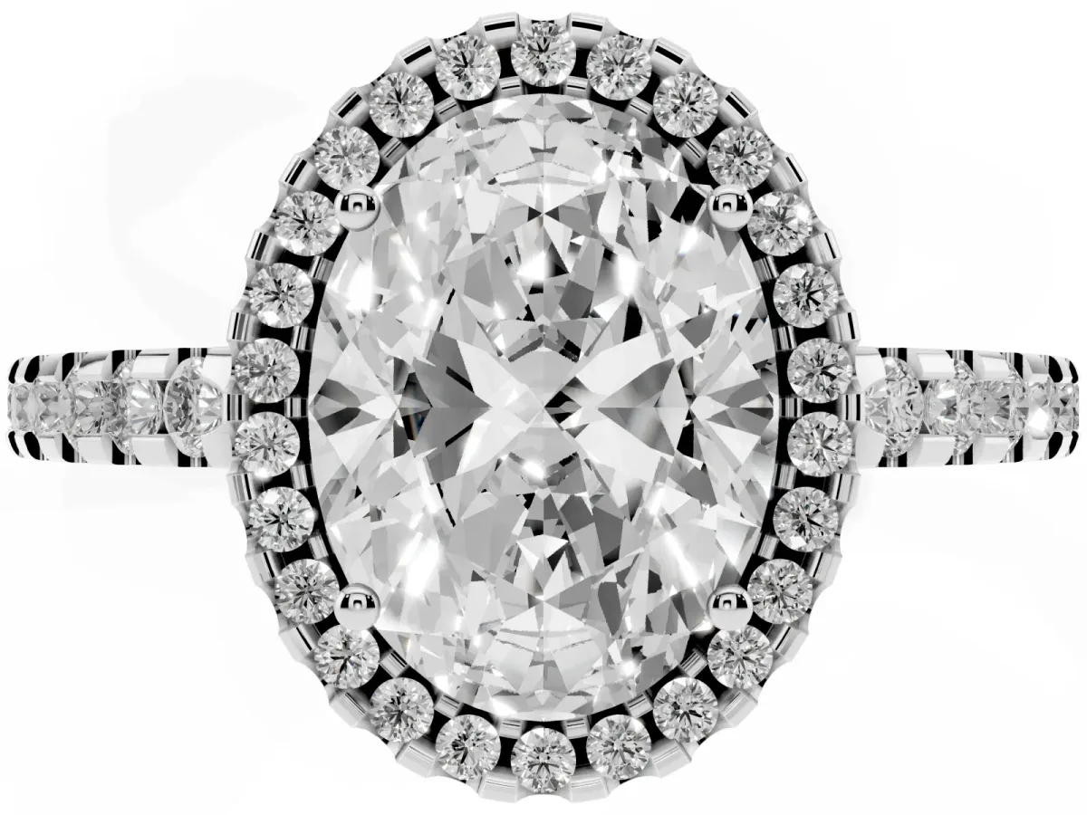 Oval Cut Diamond Halo Engagement Ring with Pavé Band and Prong Setting Platinum