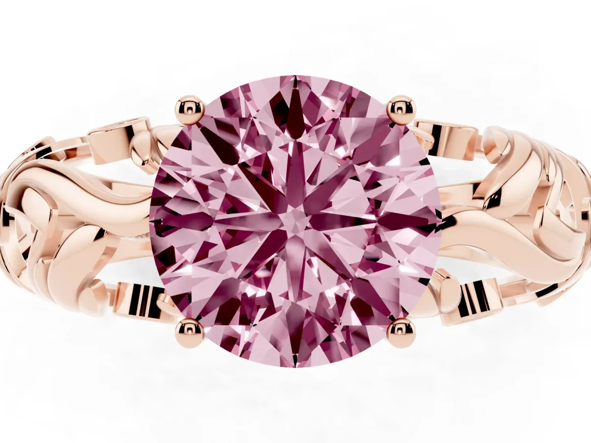 Fancy Pink Round Cut Solitaire Diamond Leaf-Inspired Vine Band Ring with Prong Setting Rose gold