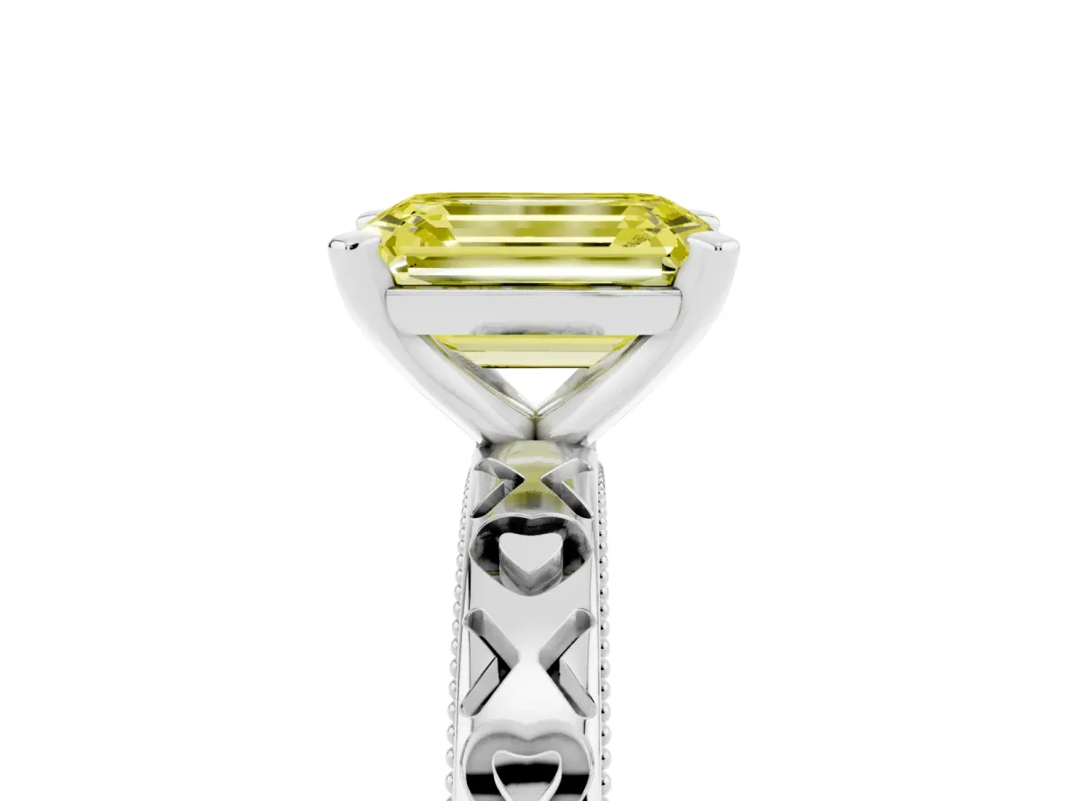 Fancy Yellow Emerald Cut Solitaire Diamond Engagement Ring with XO Engraved Band and Four-Prong Setting Silver