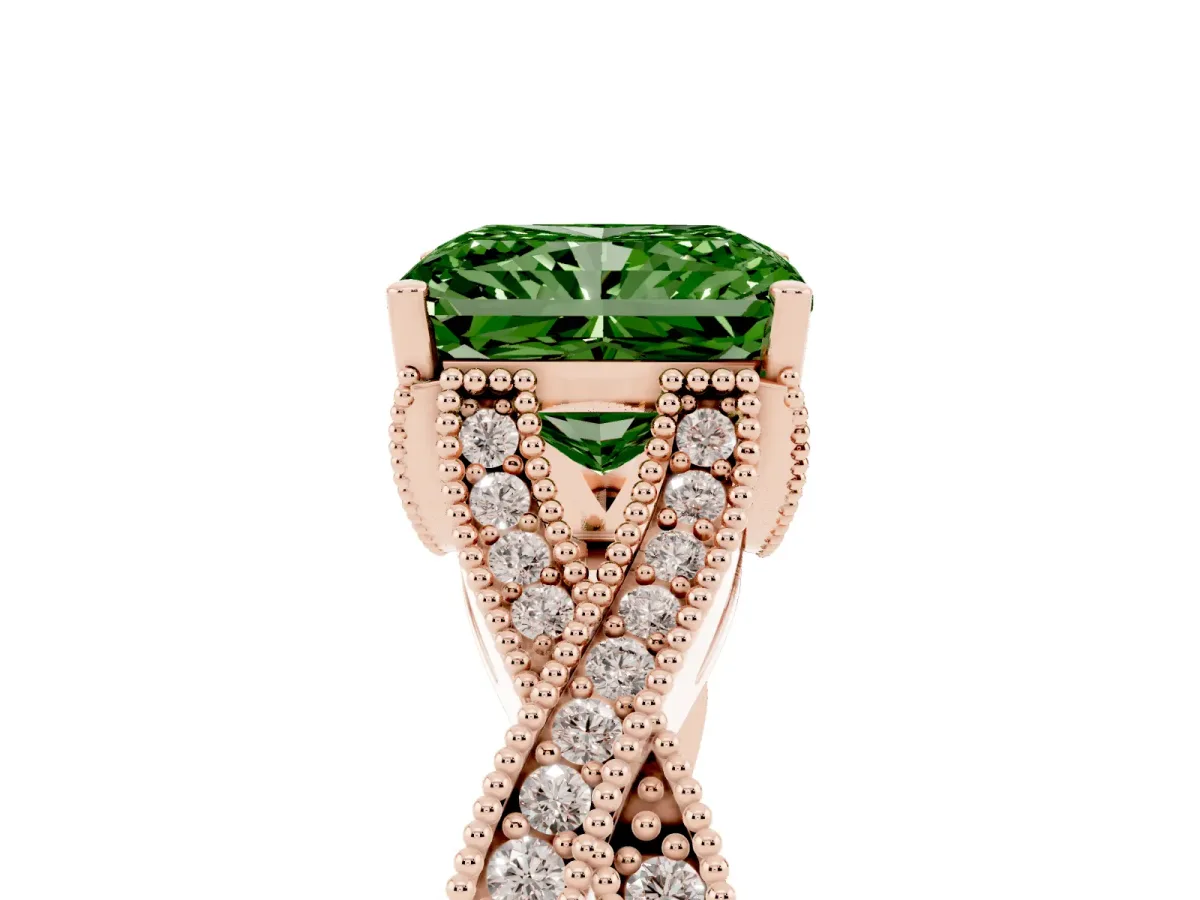 Fancy Green Radiant Cut Cut Diamond Twisted Band with Milgrain Pave Setting and Four-Prong Setting Rose gold