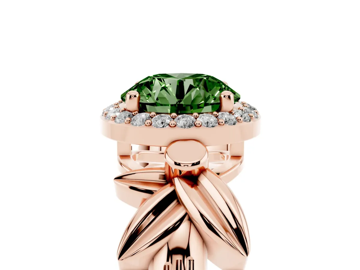 Fancy Green Round Cut Halo Diamond Floral Band with Four-Prong Setting Rose gold