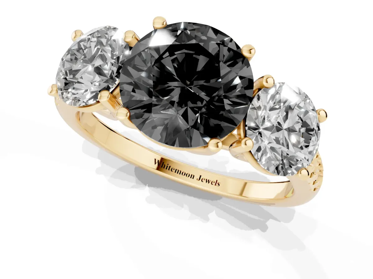 Fancy Black Three-Stone Round Cut Diamond Ring with Round Pavé Band and Prong Setting Yellow gold