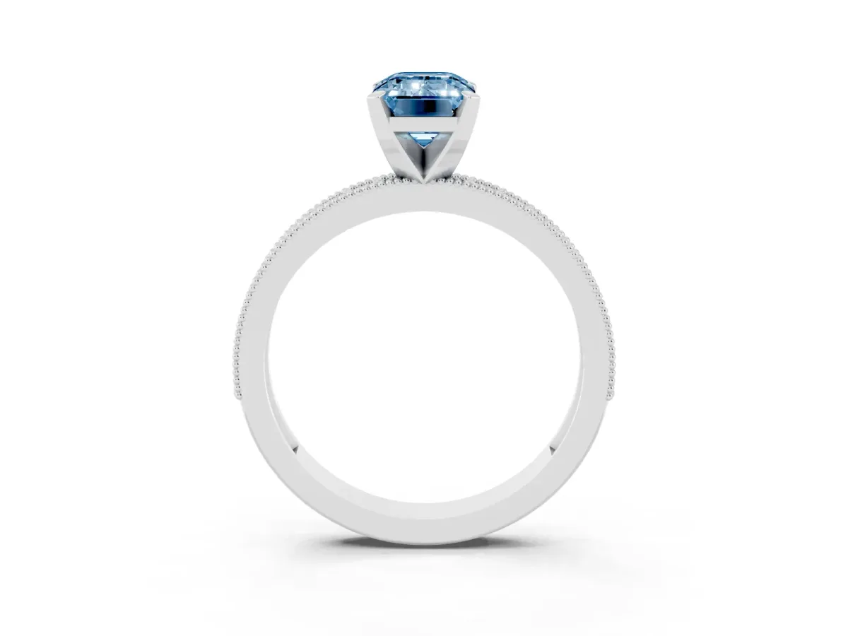 Fancy Blue Emerald Cut Diamond Milgrain Pavé Engagement Ring with Four-Prong Setting Silver