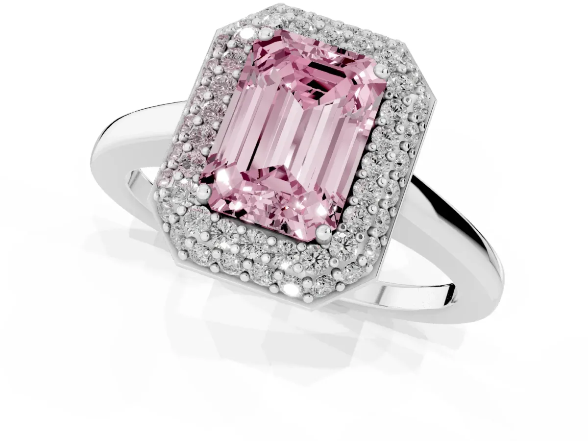 Fancy Pink Emerald Cut Halo Diamond Engagement Ring with Solitaire Band and Four-Prong Setting Silver