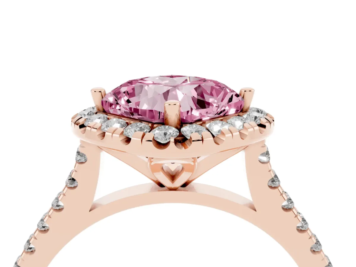 Fancy Pink Cushion Cut Diamond Cushion Halo Ring with Pavé Band Rose gold