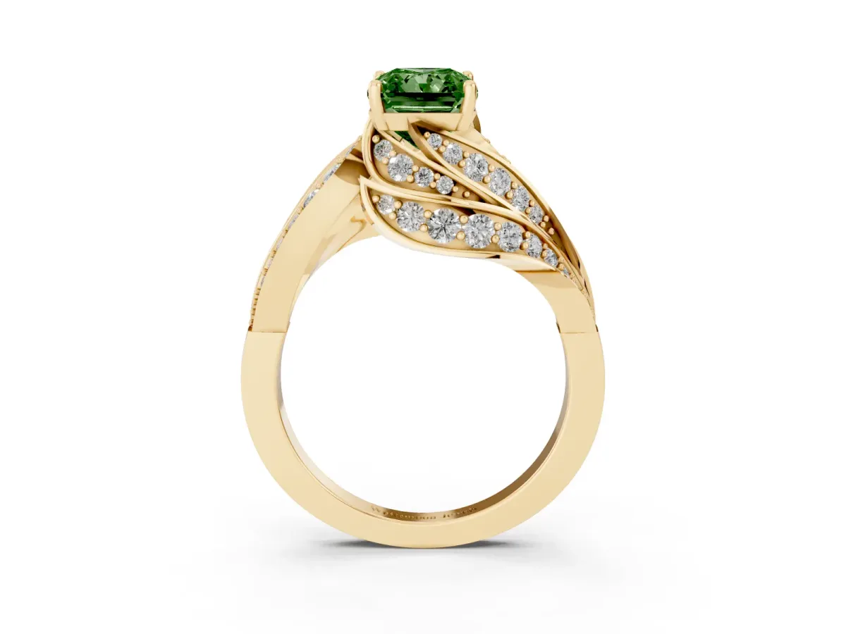 Fancy Green Radiant Cut Diamond Solitaire Ring with Prong Setting and Twisted Pavé Band Yellow gold