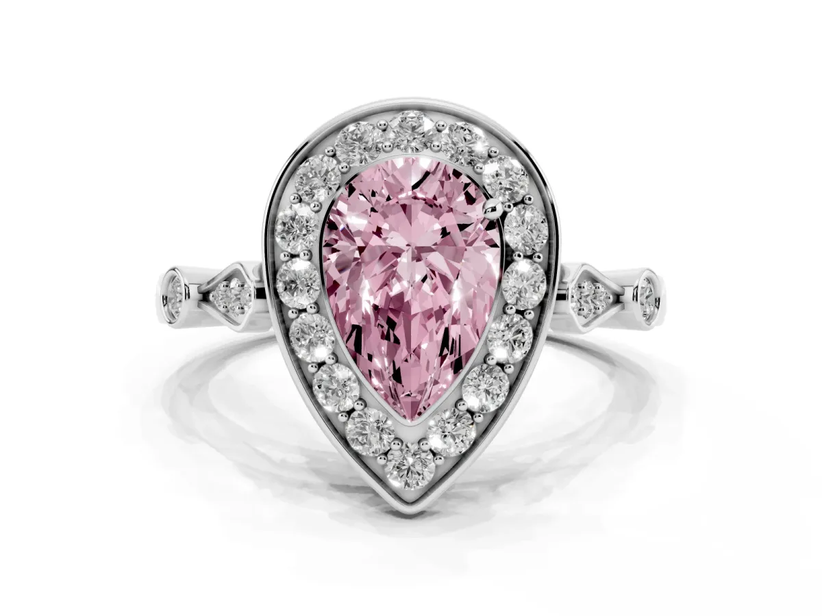 Fancy Pink Pear Cut Halo Diamond Engagement Ring with Twisted Band and Four-Prong Setting Silver