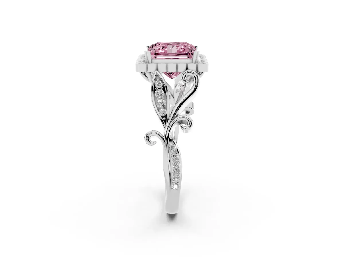 Fancy Pink Princess Cut Diamond Halo Ring with Vintage Split Shank and Four-Prong Setting Silver