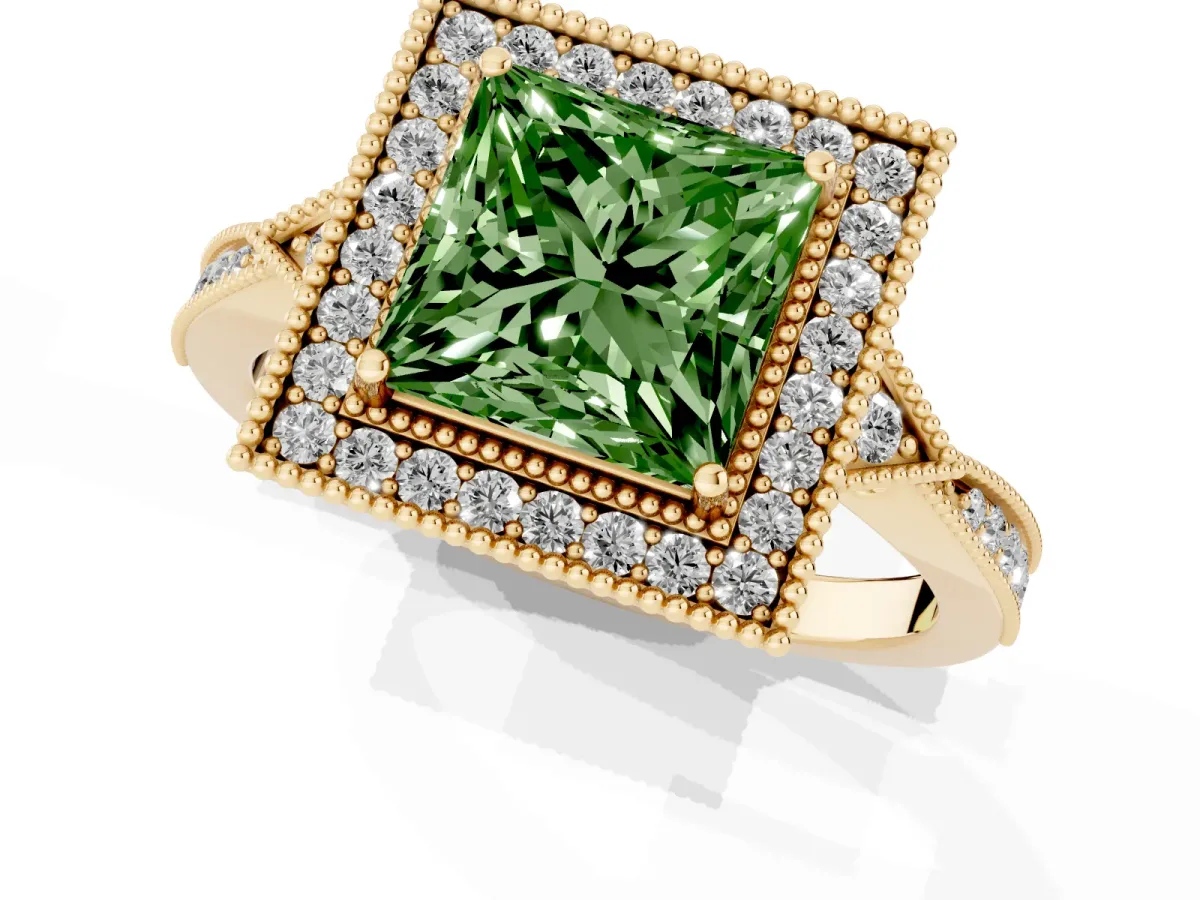 Fancy Green Princess Cut Halo Round Diamond Milgrain Pave Engagement Ring Yellow gold