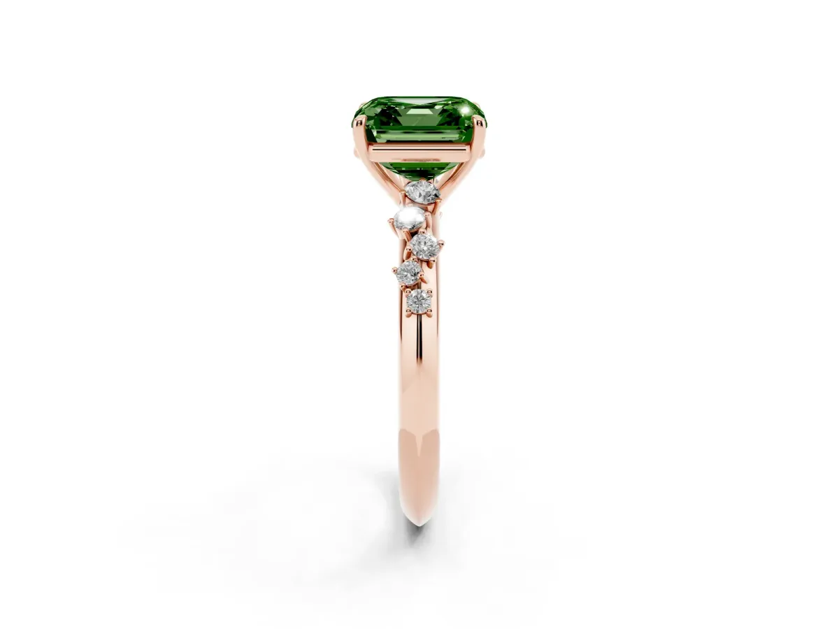 Fancy Green Asscher Cut Diamond Cluster Side Stone Solitaire Ring with Prong Setting Rose gold