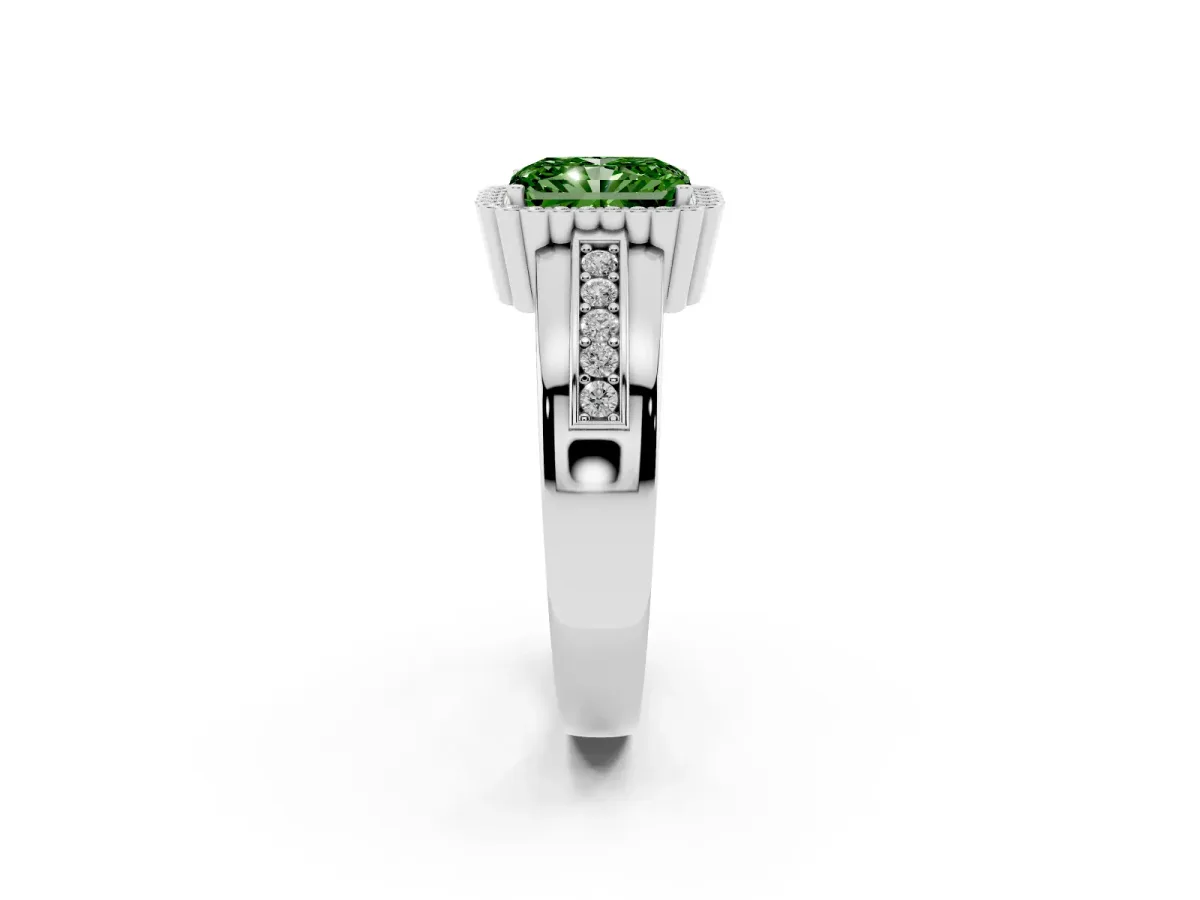 Fancy Green Radiant Cut Cut Halo Pave Band Four-Prong Ring Silver