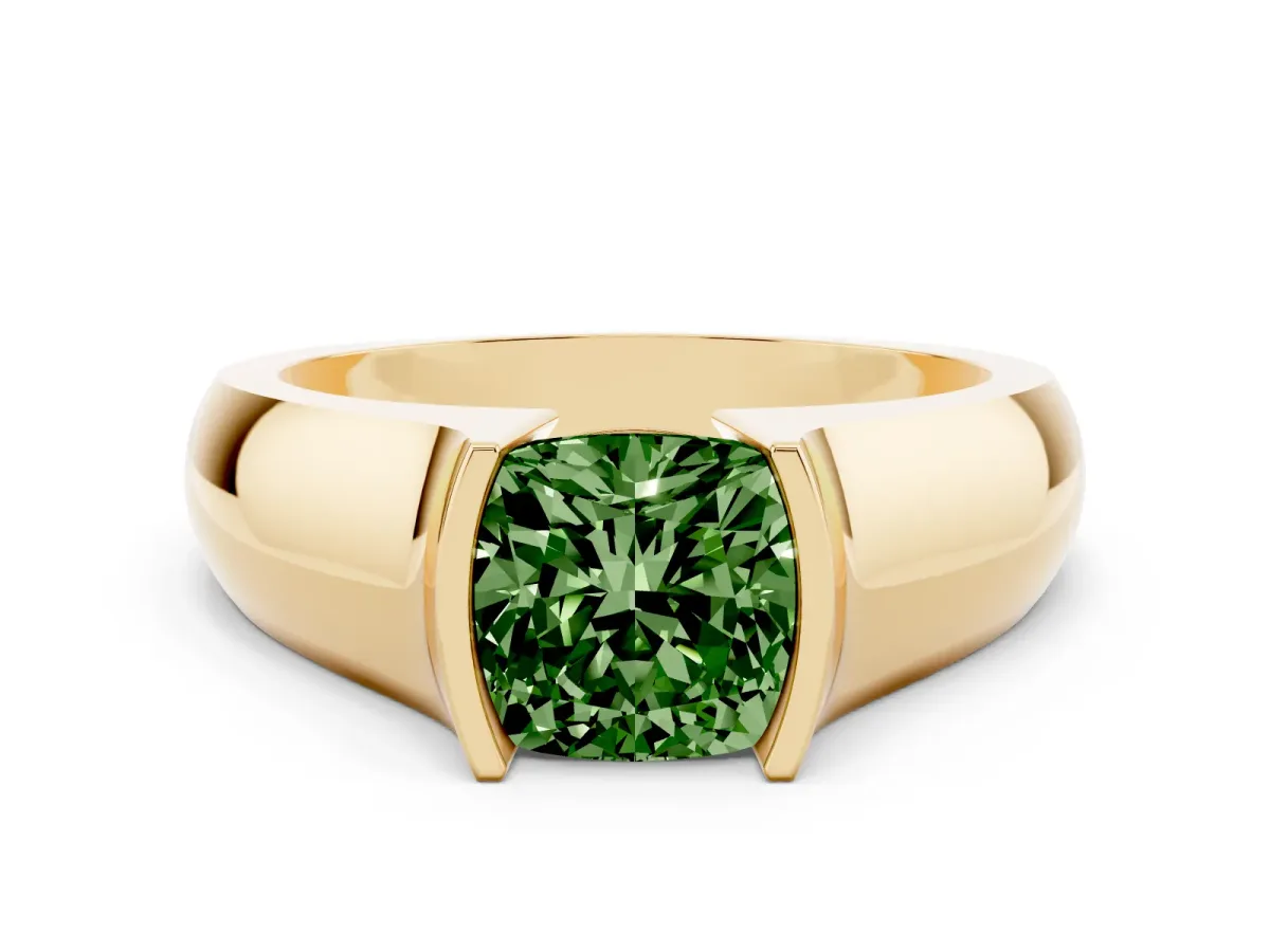 Fancy Green Cushion Cut Solitaire Bezel Set Diamond Ring with Wide Band Yellow gold