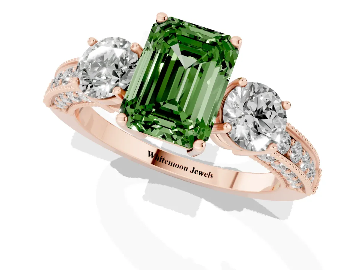 Fancy Green Emerald Cut Three-Stone Diamond Ring with Pavé Band and Four-Prong Setting Rose gold