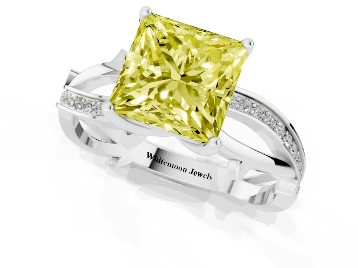 Fancy Yellow Princess Cut Solitaire Twist Band with Pavé Accents and Four-Prong Setting Platinum