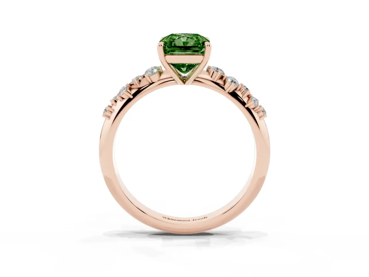 Fancy Green Radiant Cut Diamond Cluster Side Stone Solitaire Ring with Prong Setting Rose gold