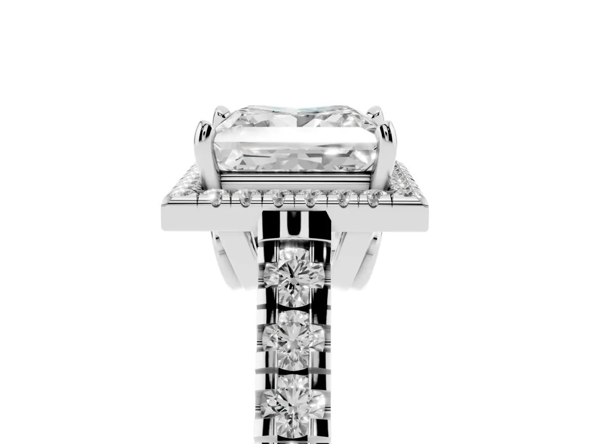 Princess Cut Halo Pavé Diamond Engagement Ring with Four-Prong Setting Silver