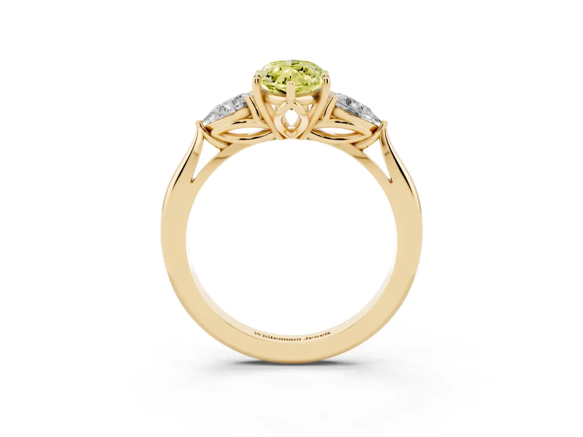 Fancy Yellow Marquise Cut Diamond Three-Stone Ring with Pear Side Stones and Prong Setting Yellow gold