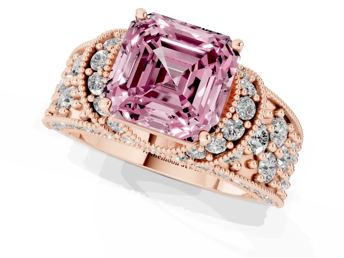 Fancy Pink Asscher Cut Halo Pave Diamond Engagement Ring with Milgrain Detailing Rose gold