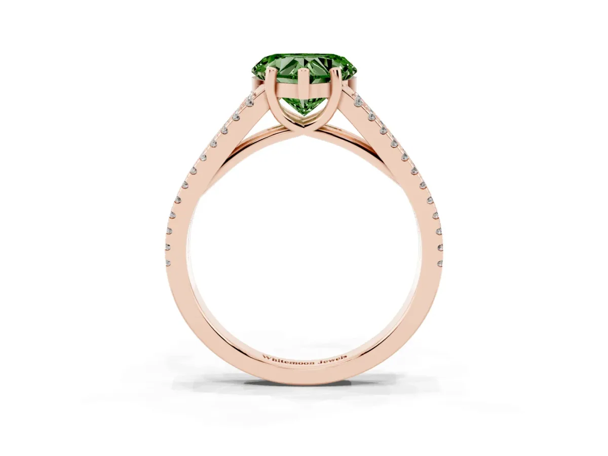 Fancy Green Heart Cut Diamond Solitaire Engagement Ring with Split Shank Pavé Band Rose gold