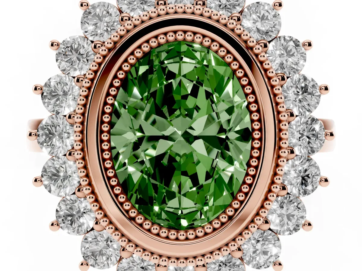Fancy Green Oval Cut Halo Diamond Ring with Milgrain Edge and Round Prong Setting Rose gold