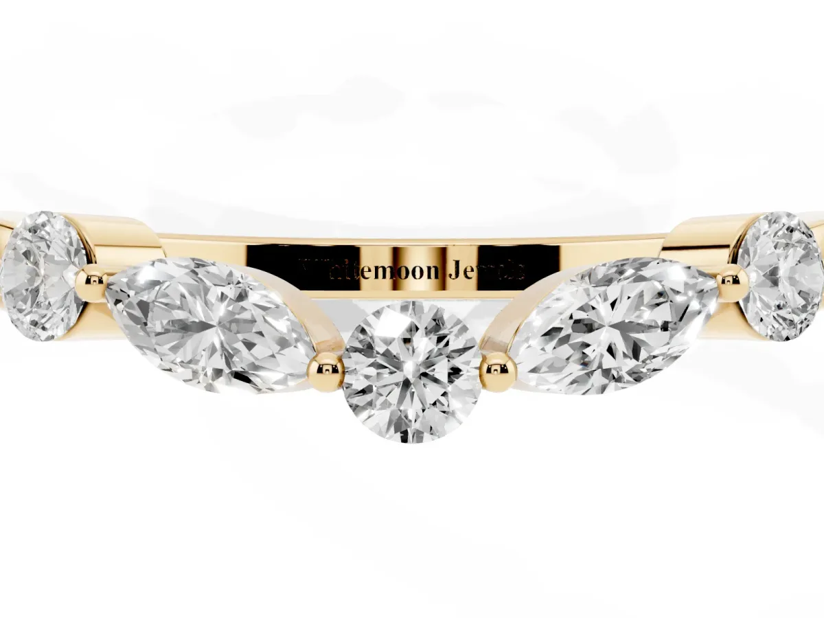 Round and Marquise Diamond Half Eternity Band with Prong Setting Yellow gold