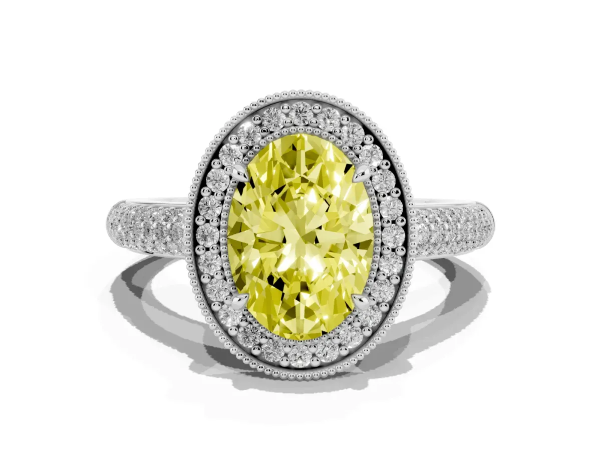Fancy Yellow Oval Cut Cut Halo Diamond Pave Band with Four-Prong Setting Silver