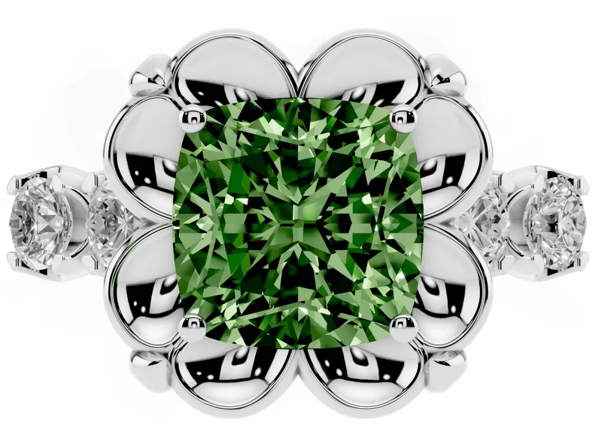 Fancy Green Cushion Cut Cut Diamond Floral Halo Engagement Ring with Shared Prong Setting White gold