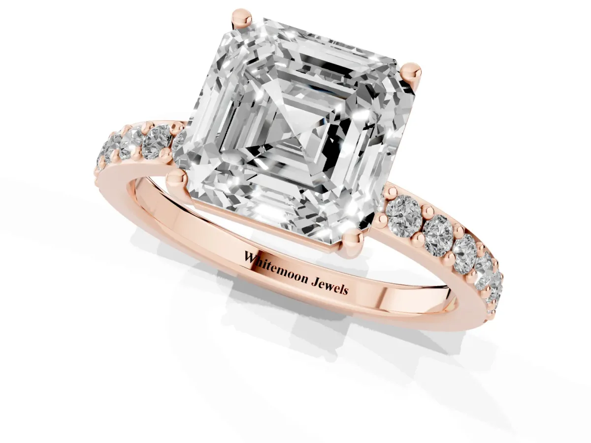 Asscher Cut Cut Diamond Solitaire with Pave Band and Four-Prong Setting Rose gold