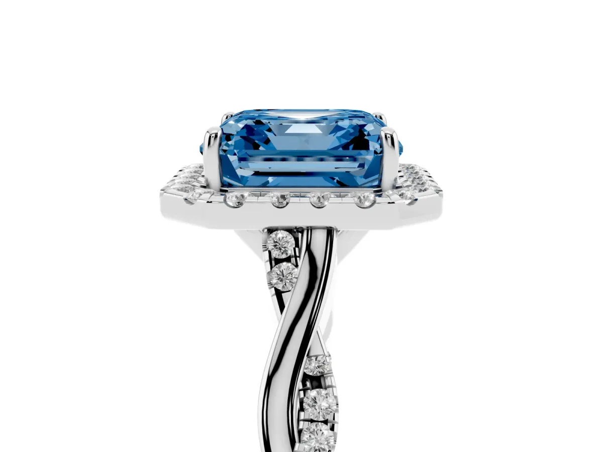 Fancy Blue Asscher Cut Halo Twist Band Solitaire Ring Silver