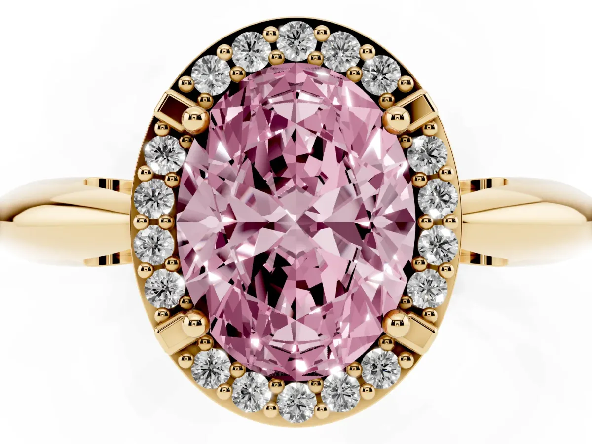 Fancy Pink Oval Cut Cut Diamond Halo Engagement Ring with Split Shank and Four-Prong Setting Yellow gold
