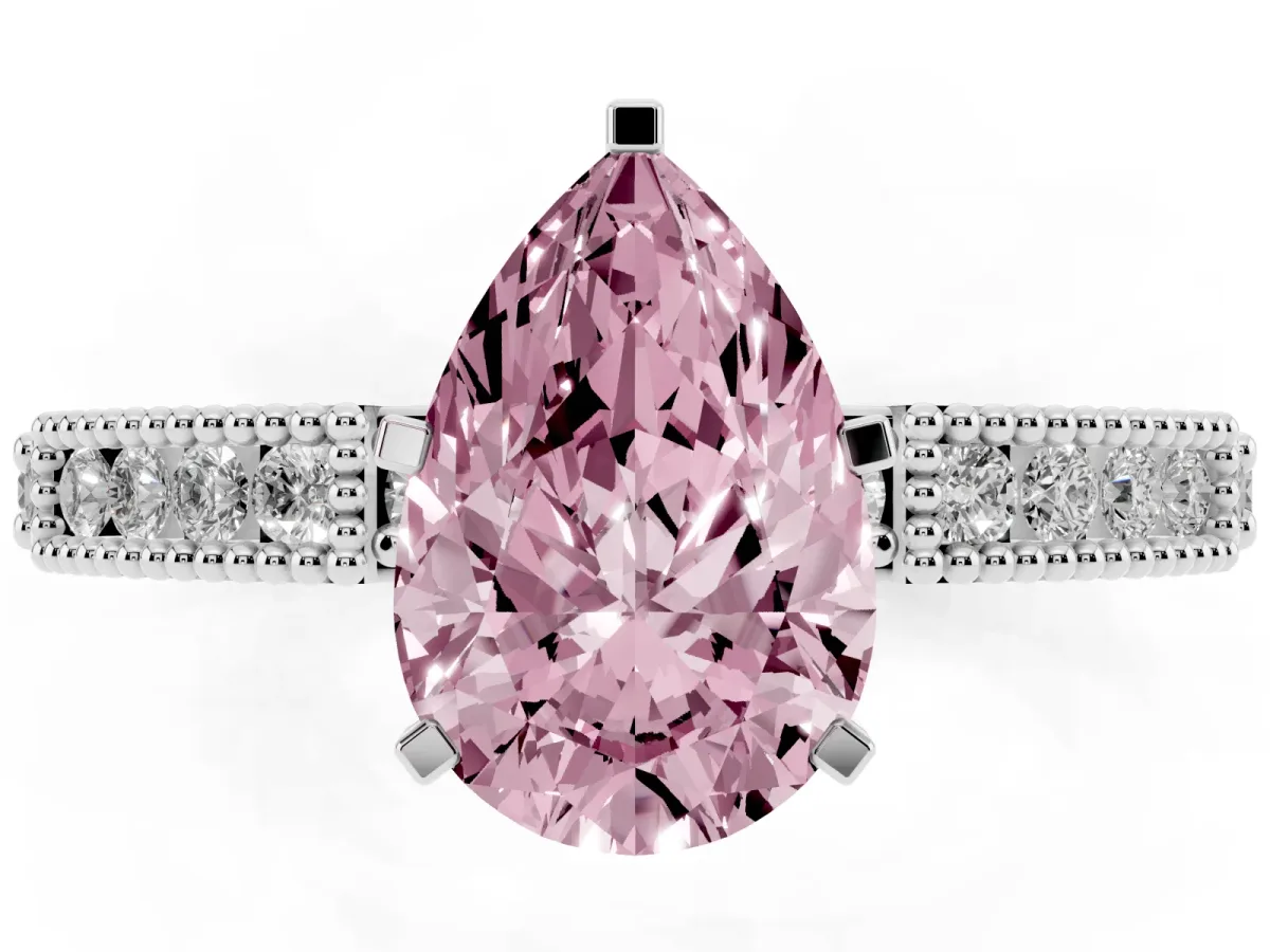 Fancy Pink Pear Cut Solitaire with Pavé Band and Four-Prong Setting Platinum