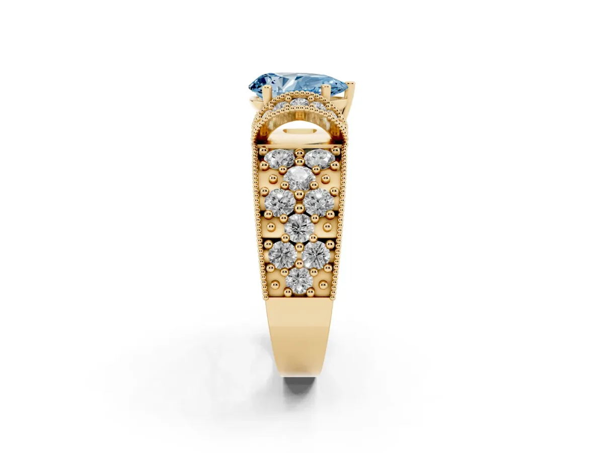 Fancy Blue Pear Cut Halo Pave Diamond Engagement Ring with Milgrain Detailing Yellow gold