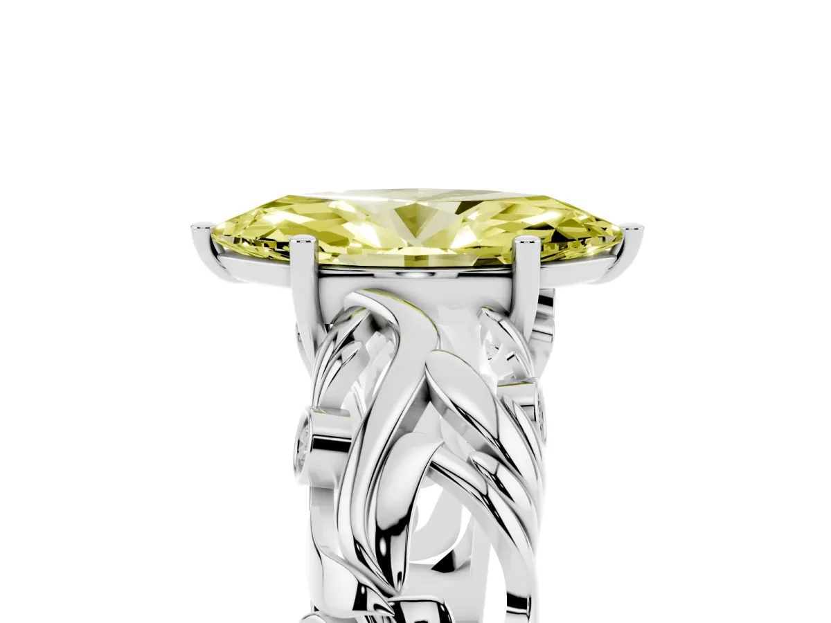 Fancy Yellow Marquise Cut Solitaire Diamond Leaf-Inspired Vine Band Ring with Prong Setting Silver