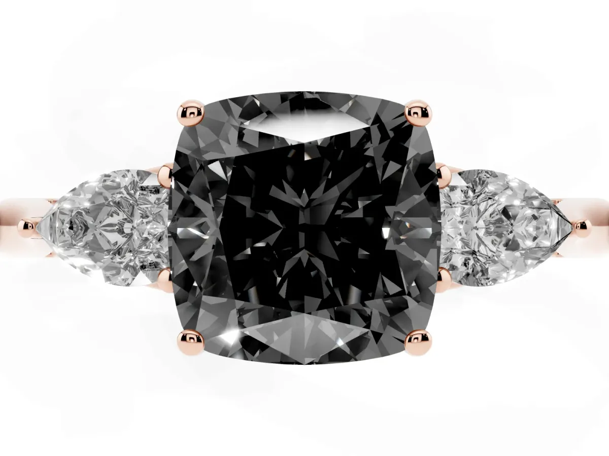 Fancy Black Three-Stone Cushion Cut Brilliant Diamond Solitaire Ring with Tapered Band and Four-Prong Setting Rose gold