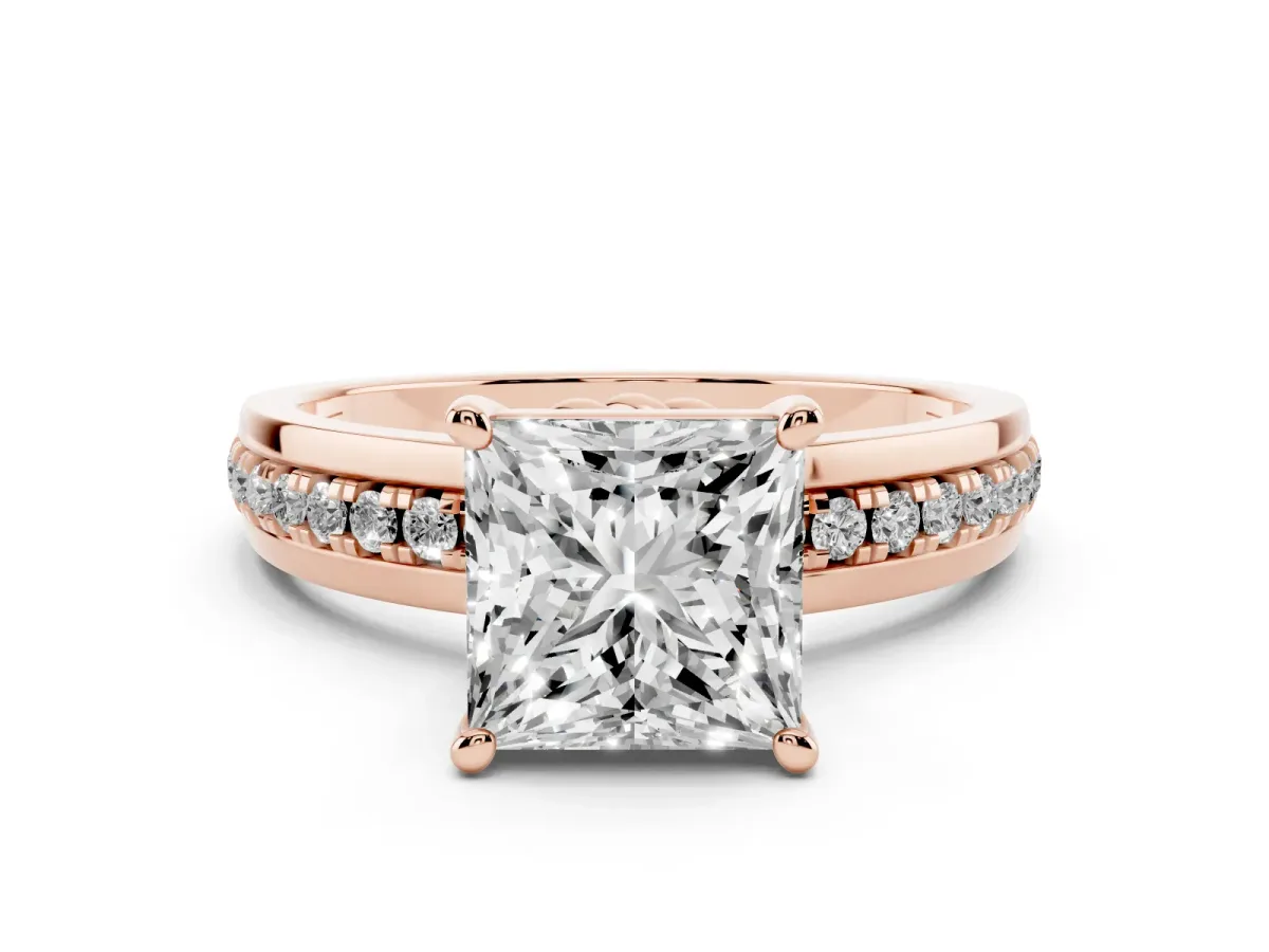 Princess Cut Solitaire Diamond Ring with Channel Set Band and Six-Prong Setting Rose gold
