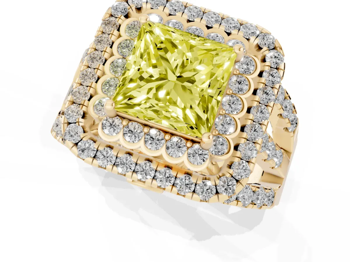Fancy Yellow Princess Cut Diamond Double Halo Ring with Round Pavé Split Shank and Prong Setting Yellow gold