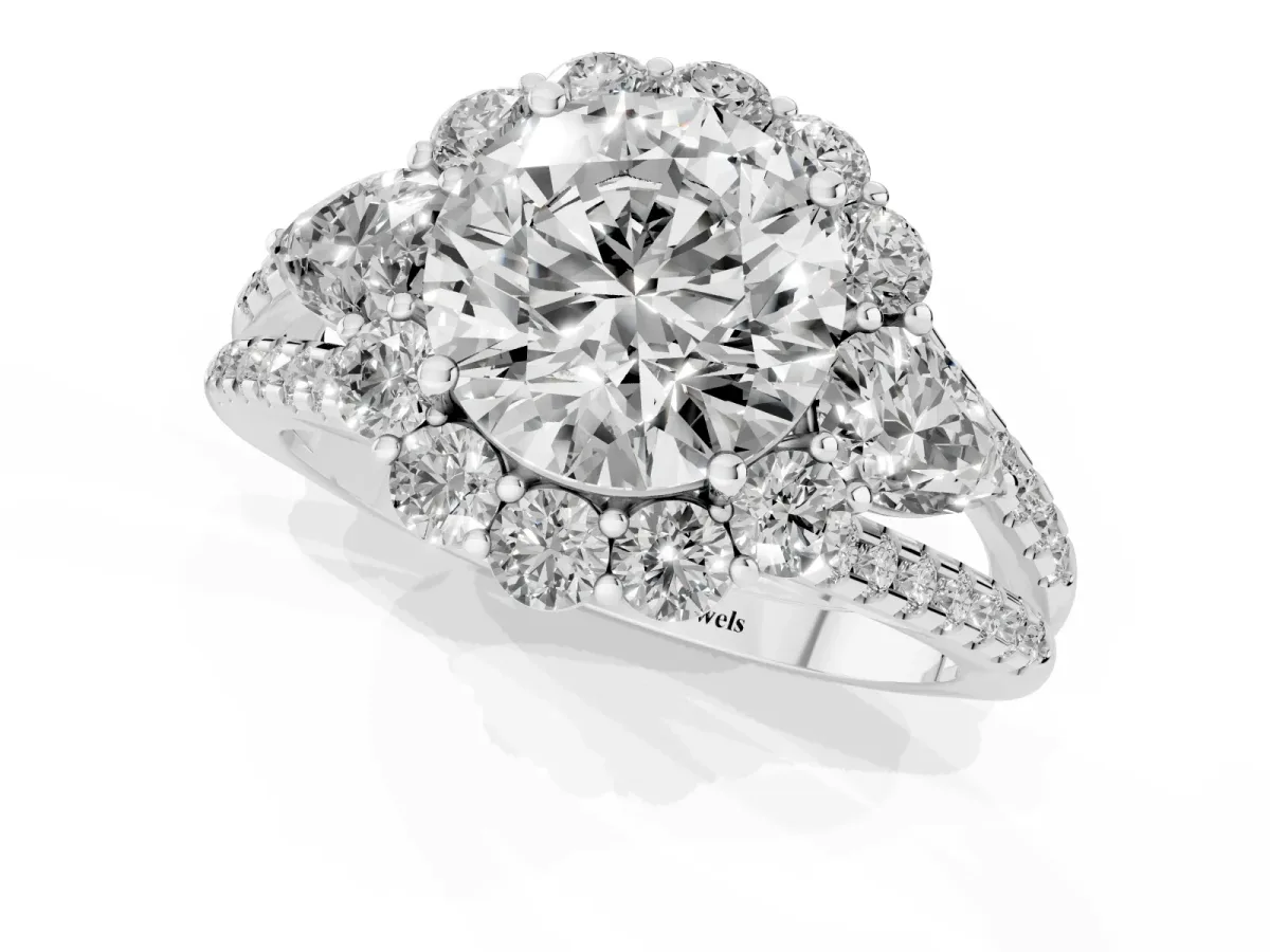 Round Cut Halo Split Shank Diamond Engagement Ring with Prong Setting Silver
