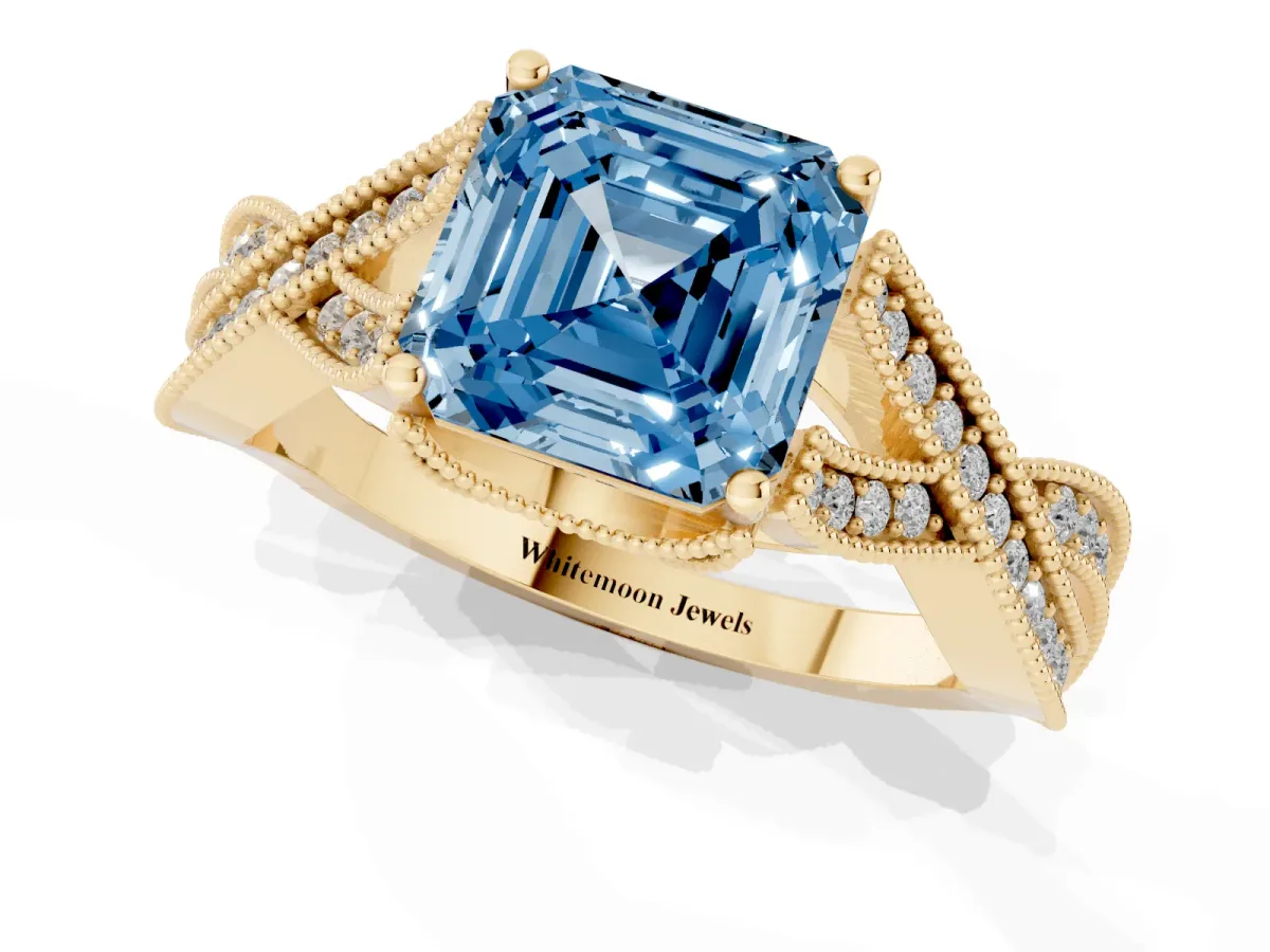 Fancy Blue Asscher Cut Cut Diamond Twisted Band with Milgrain Pave Setting and Four-Prong Setting Yellow gold