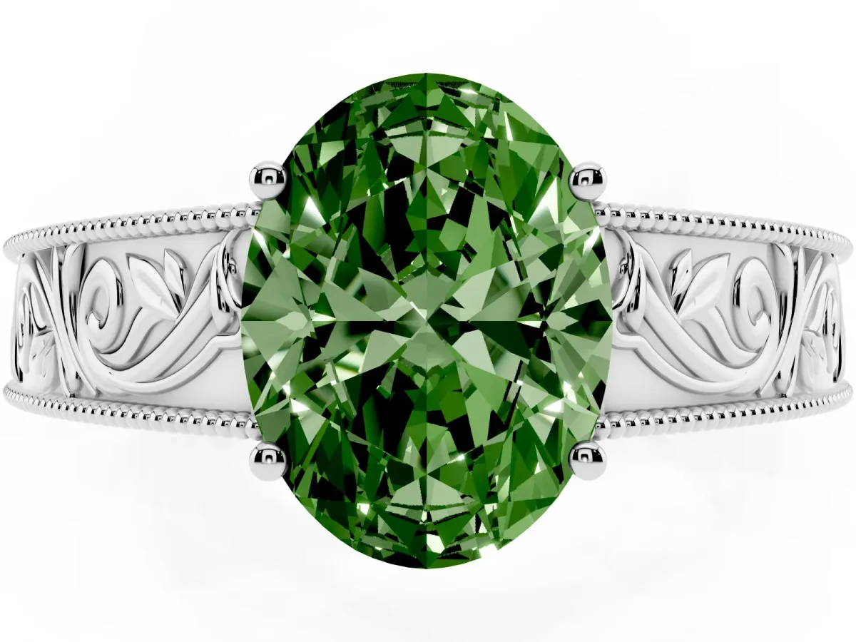 Fancy Green Oval Cut Diamond Solitaire Ring with Engraved Band and Four-Prong Setting Platinum